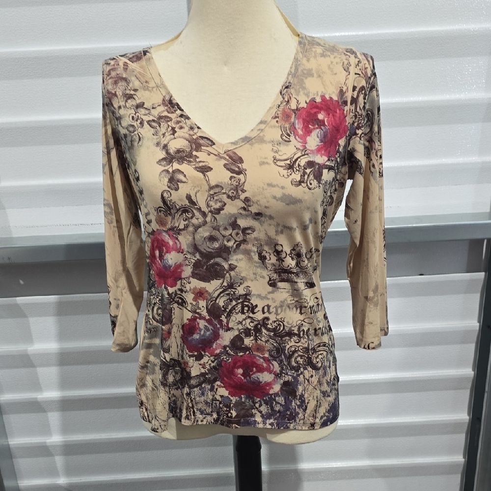 Tryst Tan and Pink 3/4 Sleeve Fitted Blouse Size LA